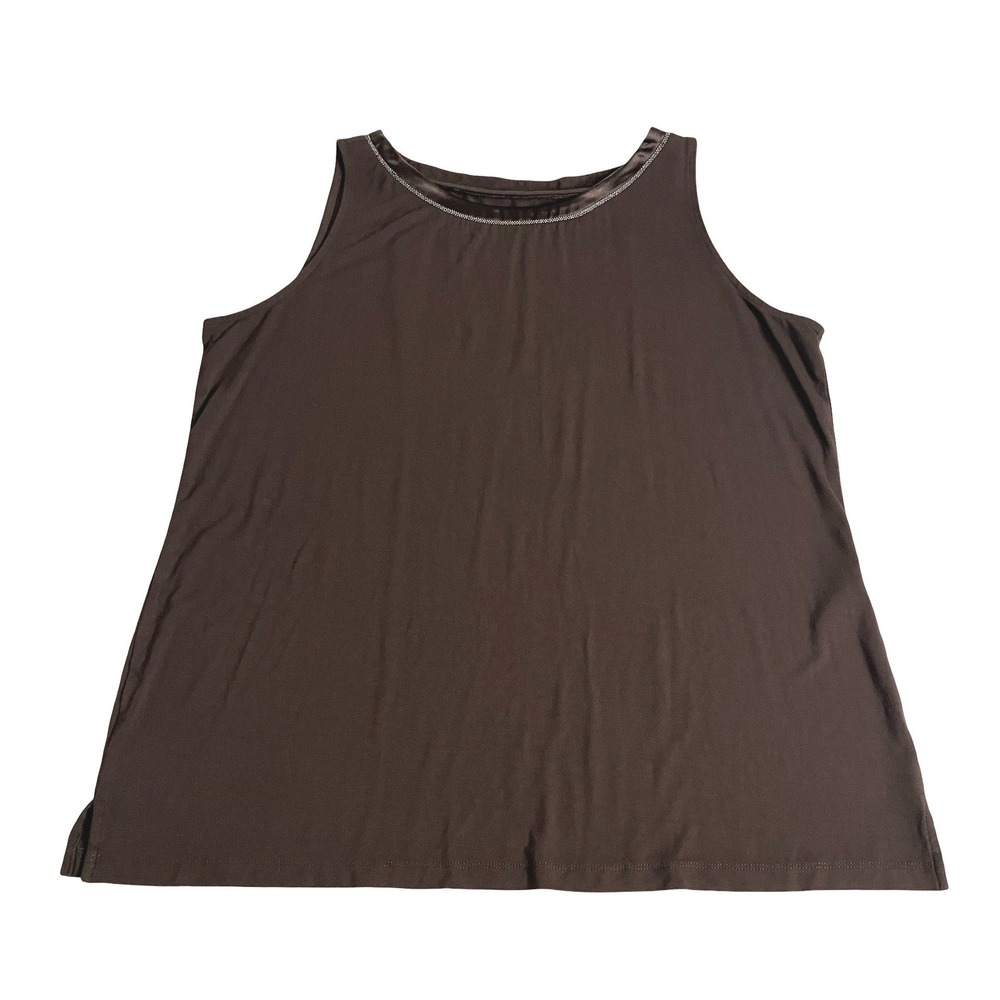 Chicos The Ultimate Tee Tank Top Womens 2 L‎ Brown Beaded Satin Trim Sleeveless